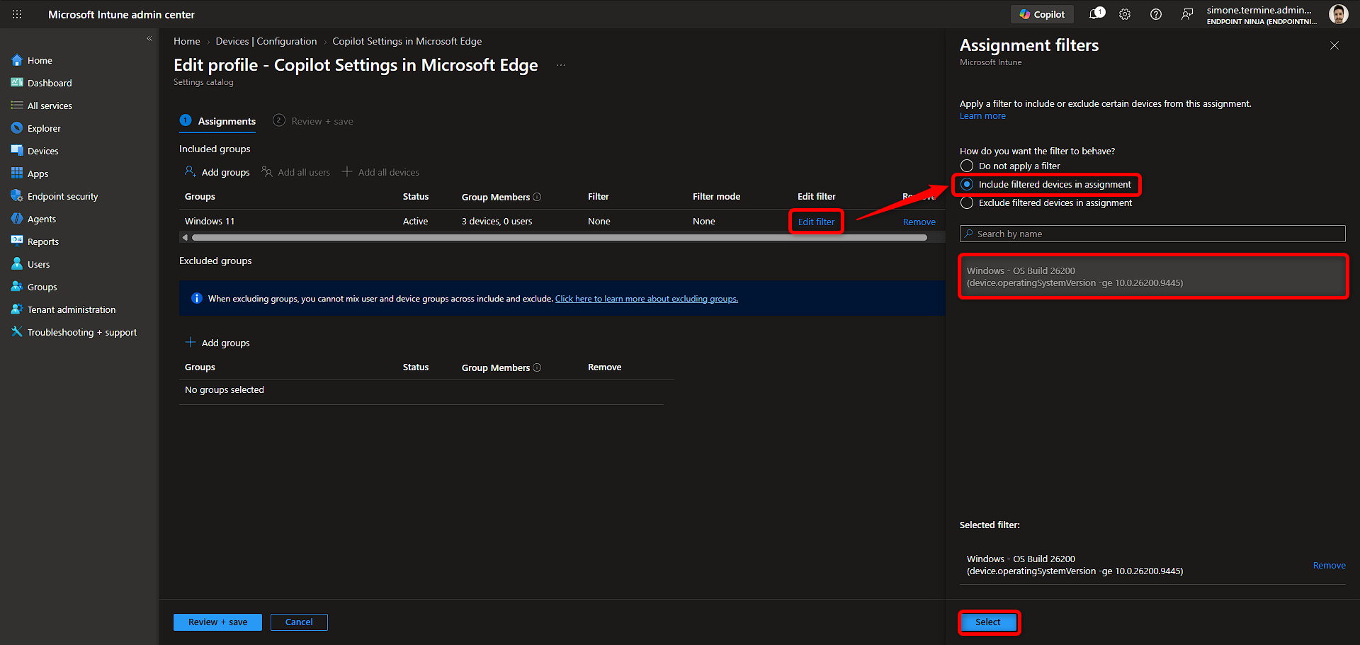 Microsoft Intune admin center con una policy assegnata a un gruppo e Assignment Filter configurato con Include filtered devices in assignment
