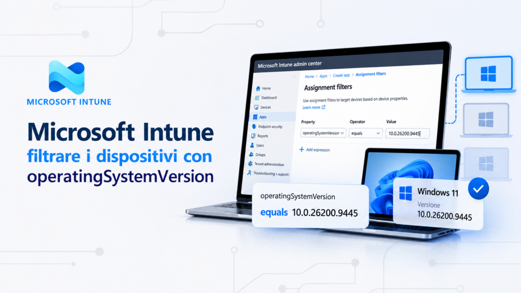 Microsoft Intune assignment filter con operatingSystemVersion equals 10.0.26200.9445 per filtrare i dispositivi Windows