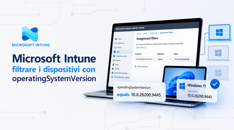 Microsoft Intune assignment filter con operatingSystemVersion equals 10.0.26200.9445 per filtrare i dispositivi Windows