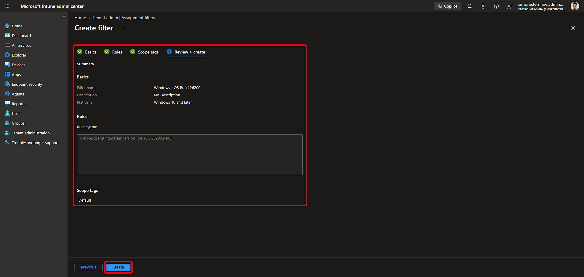 Pagina Review + create di Microsoft Intune con riepilogo del filtro Windows, piattaforma Windows 10 and later e regola operatingSystemVersion