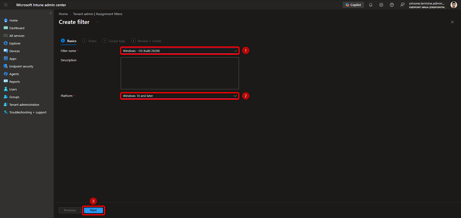 Schermata Basics di un Assignment Filter Intune con nome Windows - OS Build 26200 e piattaforma Windows 10 and later