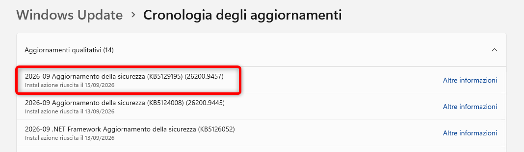 Windows Update con KB5129195 installata su Windows 11 25H2