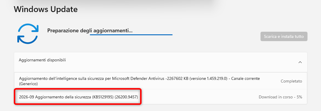 Windows Update mostra il download dell’aggiornamento di sicurezza KB5129195 per Windows 11 25H2, build 26200.9457