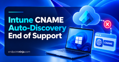 Microsoft Intune CNAME Auto-Discovery End of Support: Windows 11, servizio Intune e record DNS CNAME con simbolo di interruzione.