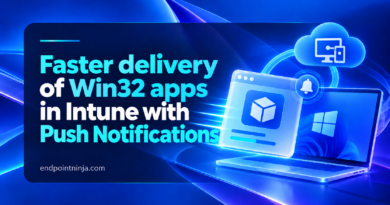 Copertina dell'articolo Faster delivery of Win32 apps in Microsoft Intune, con laptop Windows, pacchetto applicativo Win32 e notifiche push per la distribuzione delle applicazioni.