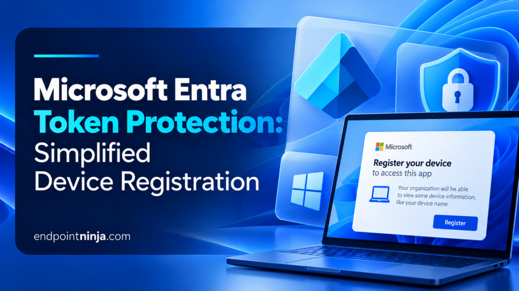 Microsoft Entra Token Protection simplified Windows device registration, illustrated with a protected Windows laptop and Microsoft Entra identity