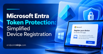 Microsoft Entra Token Protection simplified Windows device registration, illustrated with a protected Windows laptop and Microsoft Entra identity