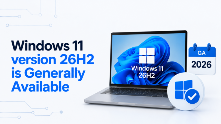 Windows 11 version 26H2 is Generally Available, con laptop Windows 11, indicazione 26H2 e badge GA 2026.