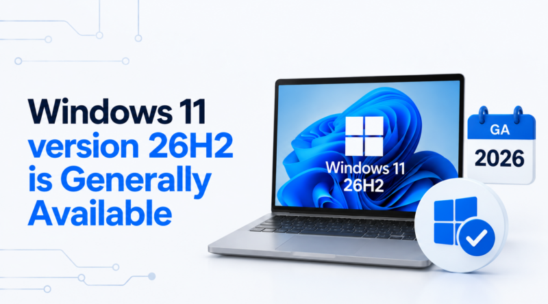 Windows 11 version 26H2 is Generally Available, con laptop Windows 11, indicazione 26H2 e badge GA 2026.
