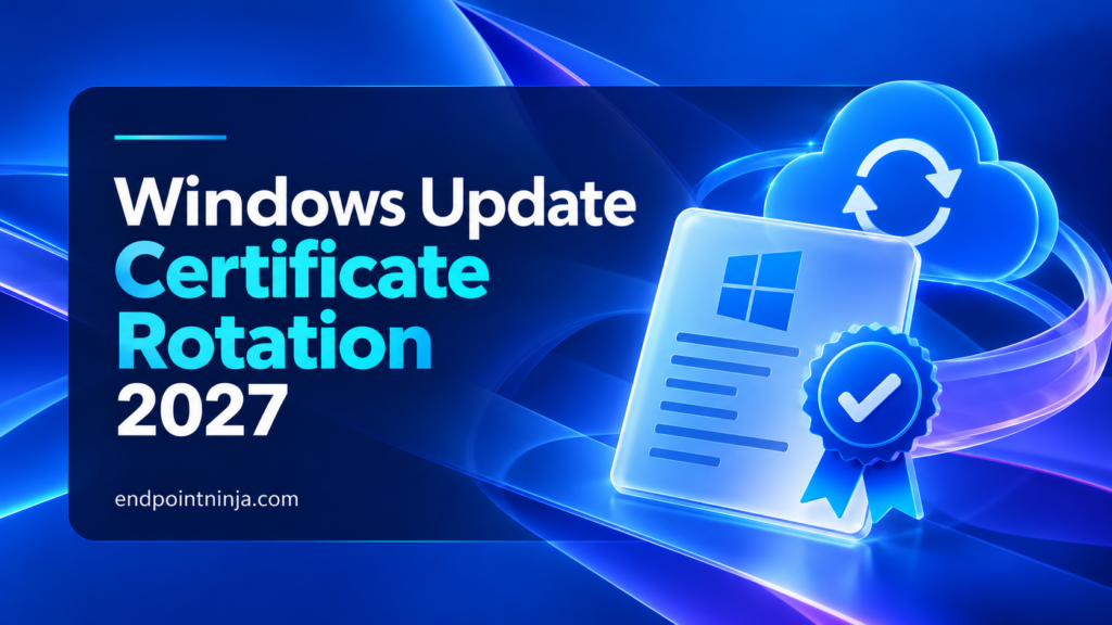 Windows Update Certificate Rotation 2027 illustration featuring a digital certificate, a Windows logo, and a cloud update symbol representing the renewal of trusted Windows Update certificates
