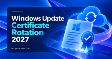 Windows Update Certificate Rotation 2027 illustration featuring a digital certificate, a Windows logo, and a cloud update symbol representing the renewal of trusted Windows Update certificates