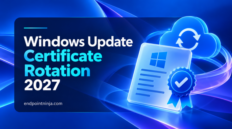 Windows Update Certificate Rotation 2027 illustration featuring a digital certificate, a Windows logo, and a cloud update symbol representing the renewal of trusted Windows Update certificates