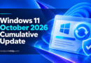 Windows 11 October 2026 Cumulative Update with Windows Update interface, installation progress, and security shield.