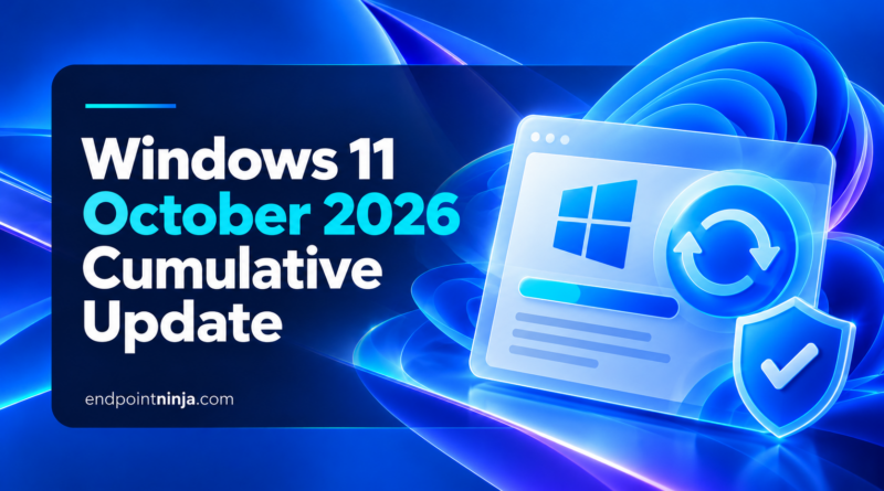 Windows 11 October 2026 Cumulative Update with Windows Update interface, installation progress, and security shield.
