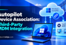 Illustration of Windows Autopilot Device Association with third-party MDM integration, showing a Windows laptop, Autopilot cloud, and external MDM platform