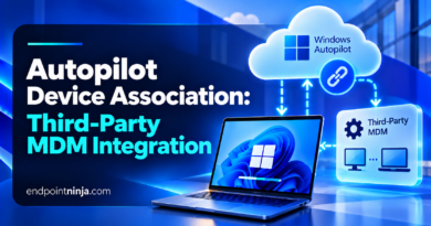 Illustration of Windows Autopilot Device Association with third-party MDM integration, showing a Windows laptop, Autopilot cloud, and external MDM platform