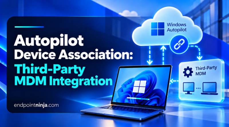 Illustration of Windows Autopilot Device Association with third-party MDM integration, showing a Windows laptop, Autopilot cloud, and external MDM platform