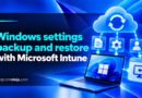 Windows settings backup and restore with Microsoft Intune: dispositivo Windows 11 collegato al cloud con icone di backup, impostazioni e ripristino.