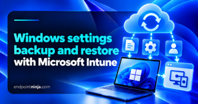 Windows settings backup and restore with Microsoft Intune: dispositivo Windows 11 collegato al cloud con icone di backup, impostazioni e ripristino.
