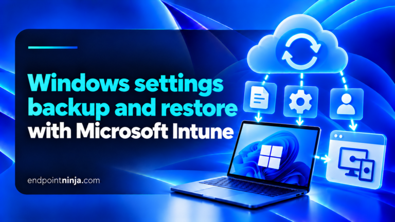 Windows settings backup and restore with Microsoft Intune: dispositivo Windows 11 collegato al cloud con icone di backup, impostazioni e ripristino.