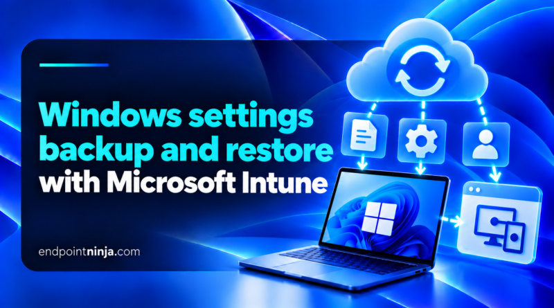 Windows settings backup and restore with Microsoft Intune: dispositivo Windows 11 collegato al cloud con icone di backup, impostazioni e ripristino.