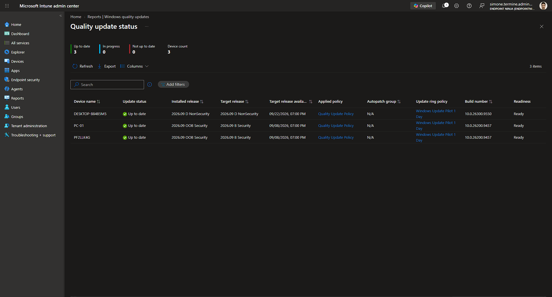 Autopatch Quality update status report in Microsoft Intune