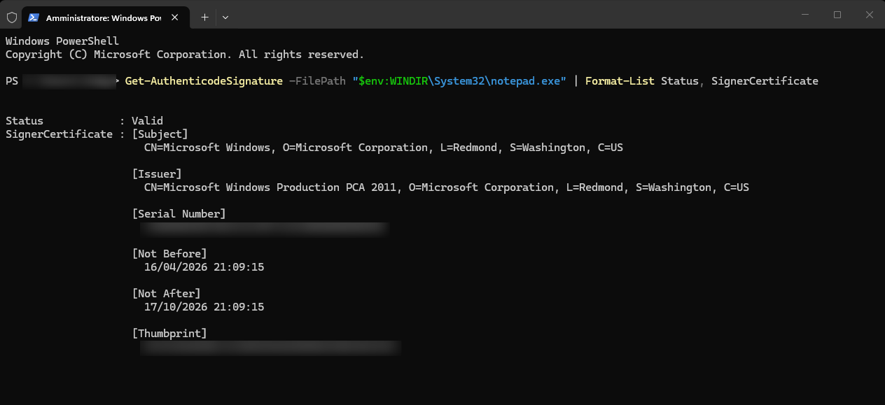 Console PowerShell con il comando Get-AuthenticodeSignature, stato della firma Valid e certificato emesso dalla Windows Production PCA 2011