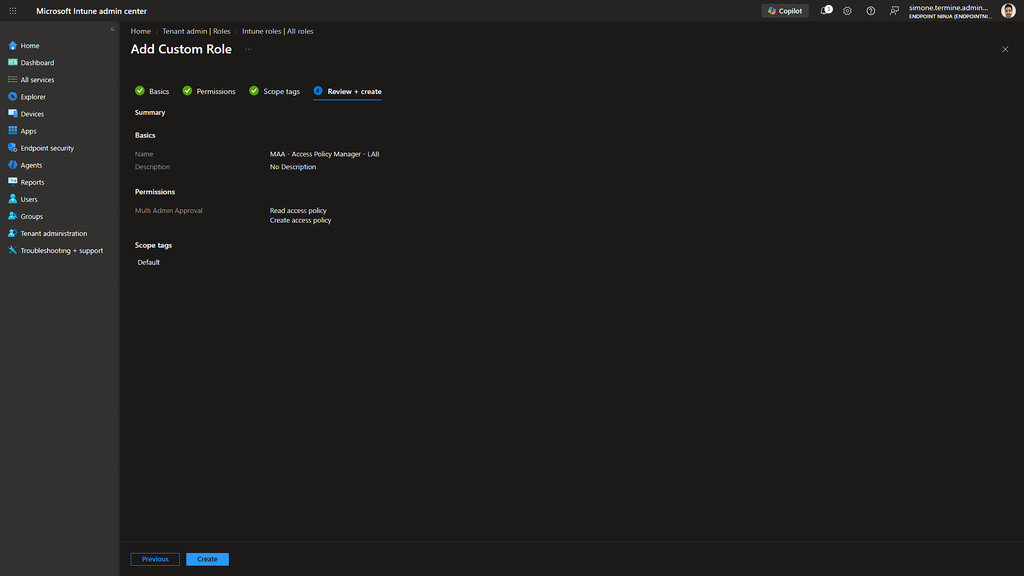 Permessi Multi Admin Approval selezionati nel ruolo personalizzato Access Policy Manager di Intune.