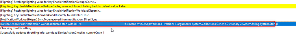Log dell'Intune Management Extension in CMTrace con gli eventi DirectSync e PushNotification evidenziati per il workload Win32AppWorkload
