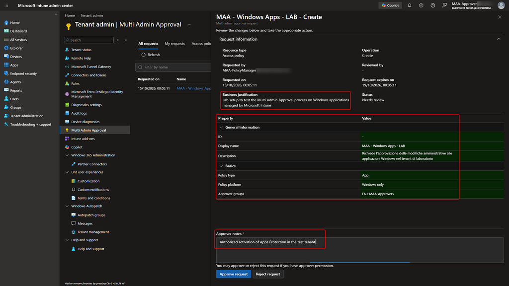 Dettaglio della richiesta Multi Admin Approval per autorizzare una Access policy Apps.