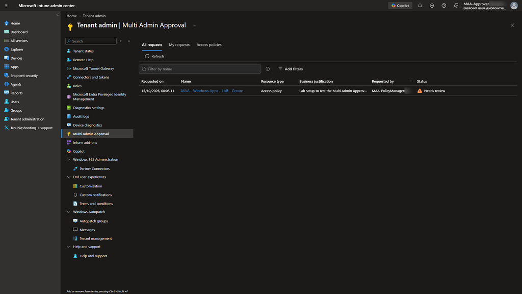 Elenco delle richieste di Multi Admin Approval ricevute dall’account MAA-Approver.
