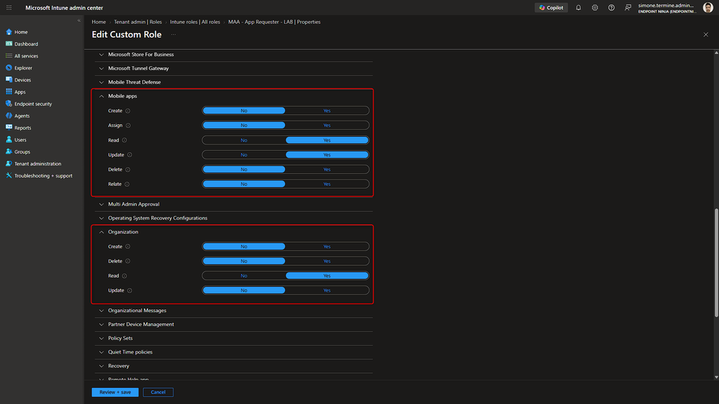 Microsoft Intune admin center: configurazione del ruolo personalizzato MAA - App Requester - LAB.