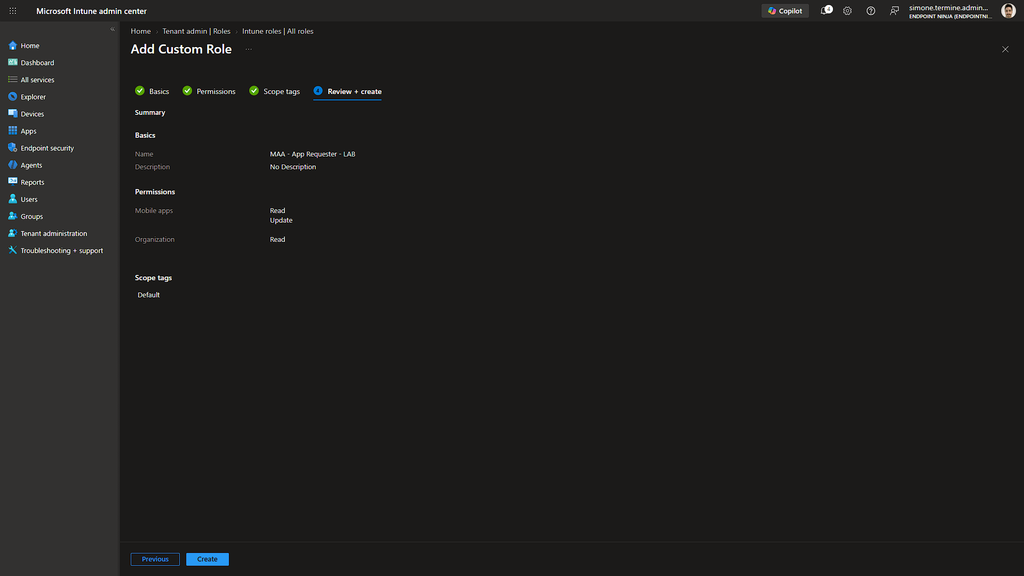 Schermata delle autorizzazioni RBAC del ruolo MAA - App Requester - LAB in Microsoft Intune.