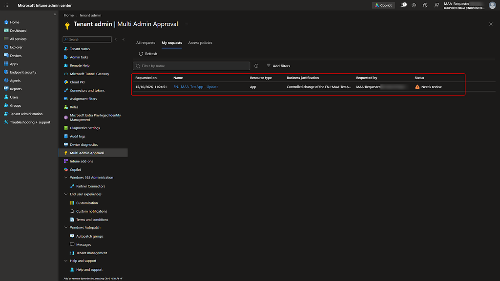 Sezione My requests di Intune con la richiesta di modifica della Win32 app inviata da MAA-Requester.