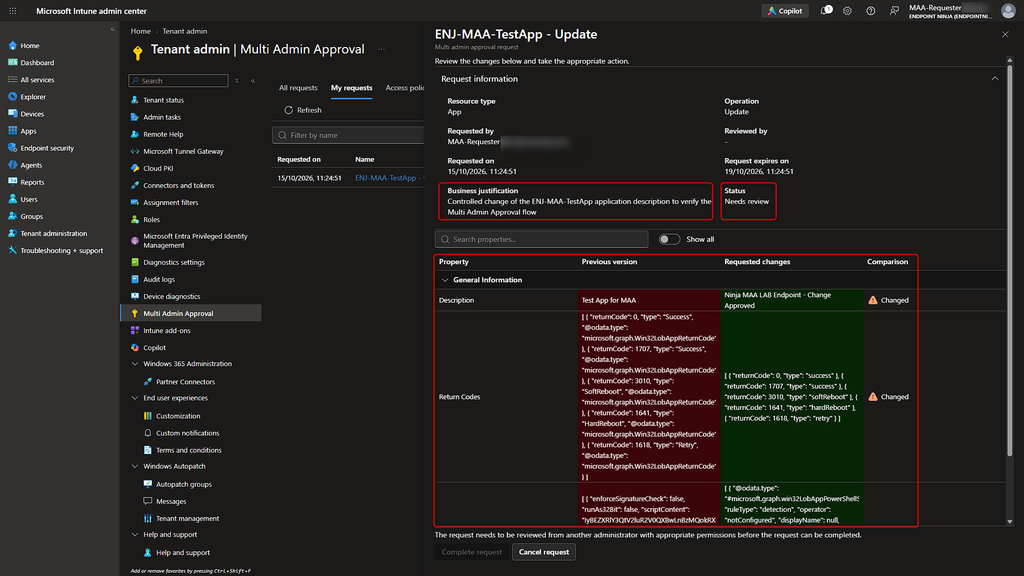 Elenco My requests di Microsoft Intune Multi Admin Approval con modifica a un'app Win32 nello stato Needs approval