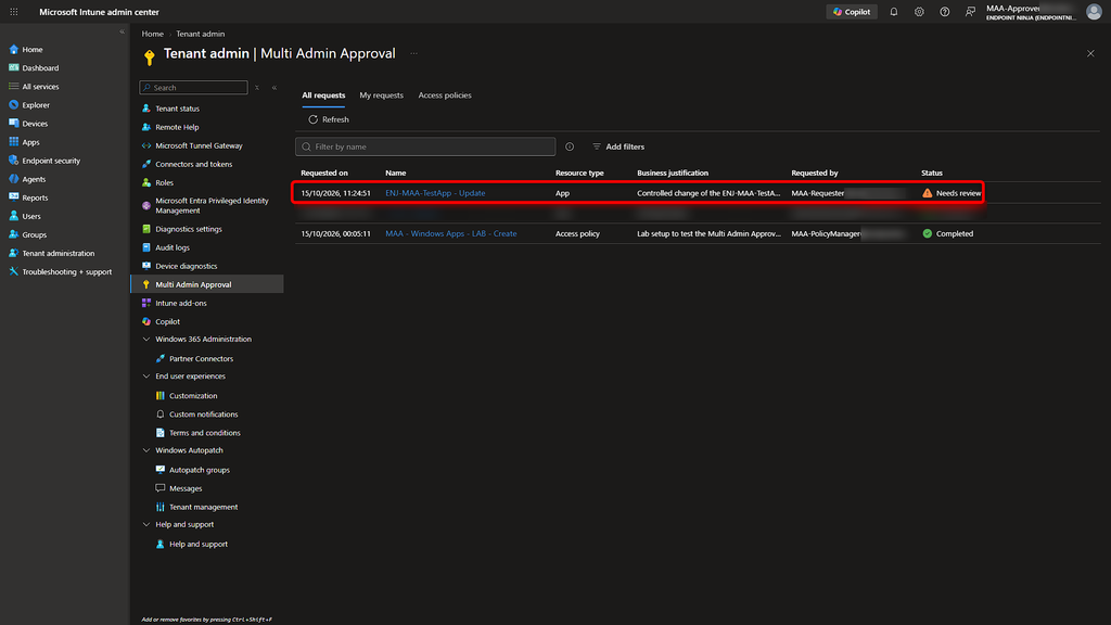 Richiesta di modifica dell’applicazione Win32 visualizzata dall’account MAA-Approver in Intune.