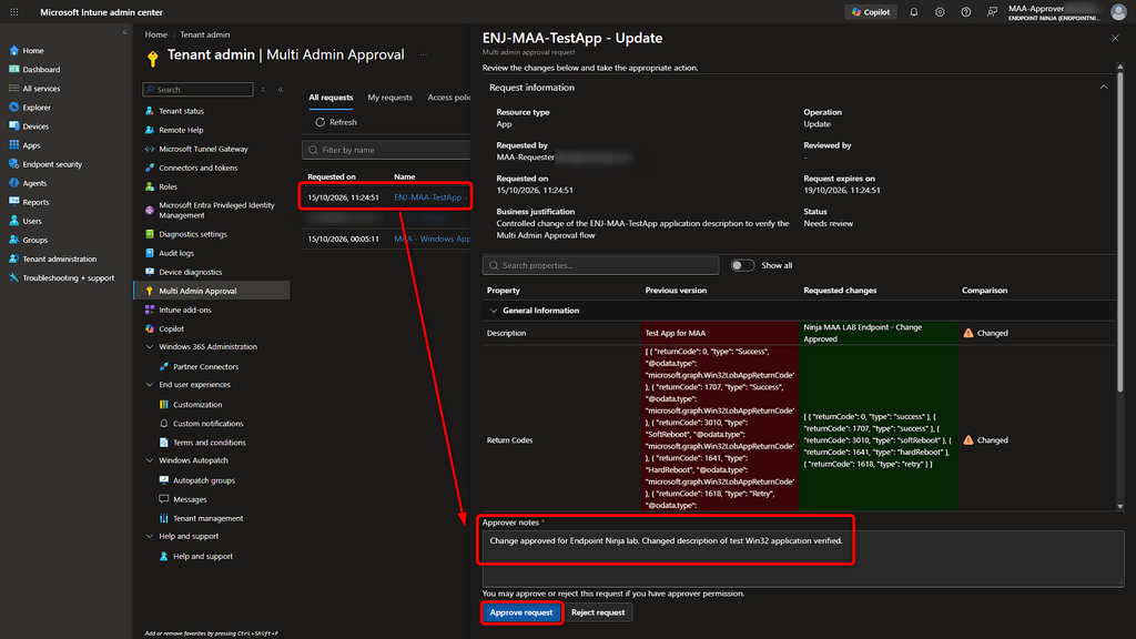Dettaglio di una richiesta Multi Admin Approval per la modifica di una Win32 app con note dell'approver