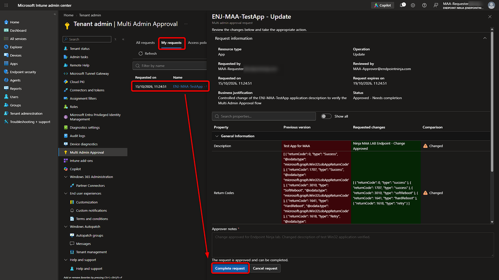 Schermata di Multi Admin Approval in cui MAA-Requester completa la richiesta precedentemente approvata.