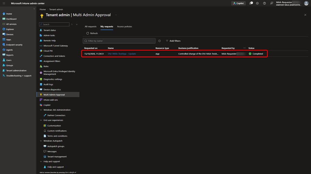 Richiesta Multi Admin Approval relativa alla Win32 app dopo la conclusione del processo.