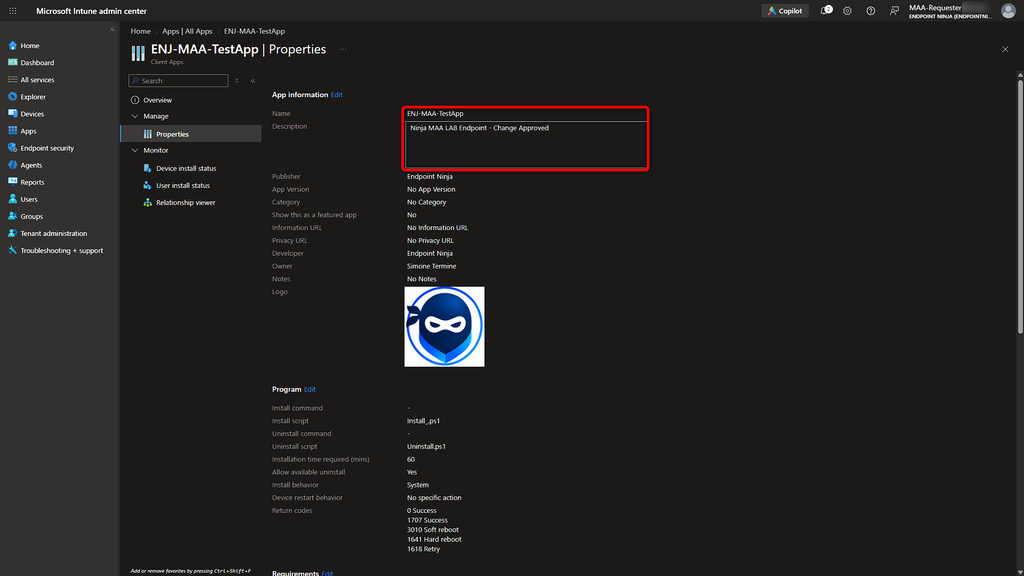 Proprietà di una Win32 app in Microsoft Intune dopo il completamento della richiesta Multi Admin Approval