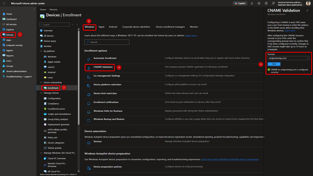 Microsoft Intune admin center con la funzione CNAME Validation per verificare il record DNS EnterpriseEnrollment
