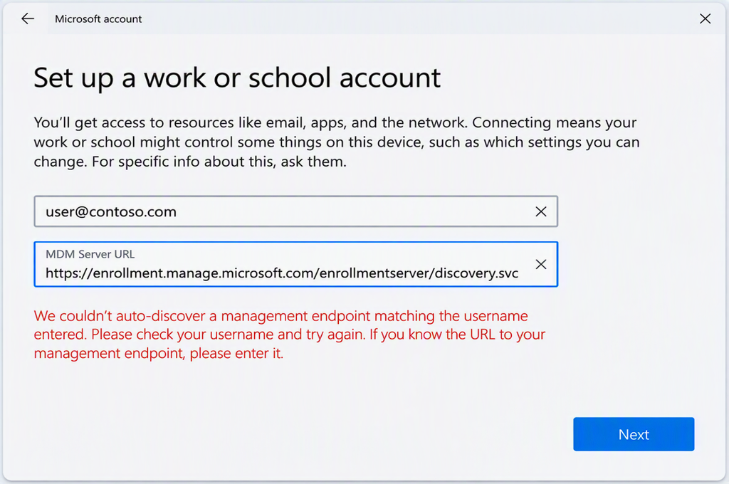 Schermata Windows MDM-only enrollment con inserimento manuale dell'URL di discovery Microsoft Intune