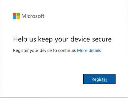 Messaggio Microsoft Entra Register or enroll your device visualizzato nel precedente flusso di autenticazione - Token Protection