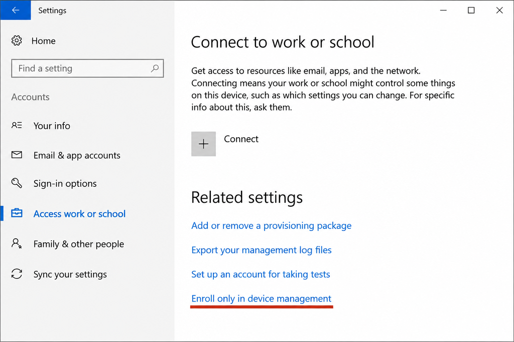 Windows 11, sezione Access work or school, con l'opzione Enroll only in device management evidenziata