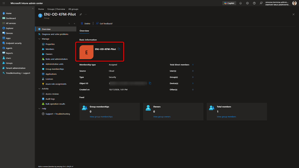 Gruppo di sicurezza Microsoft Entra ID utilizzato per selezionare i dispositivi Windows 11 del pilota OneDrive KFM.