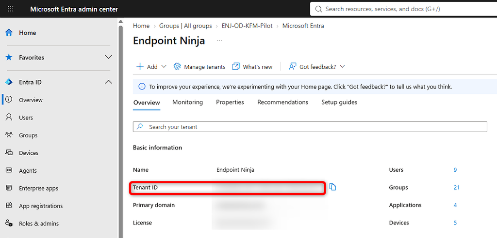 Pagina Overview del Microsoft Entra admin center con il campo Tenant ID dell’organizzazione.