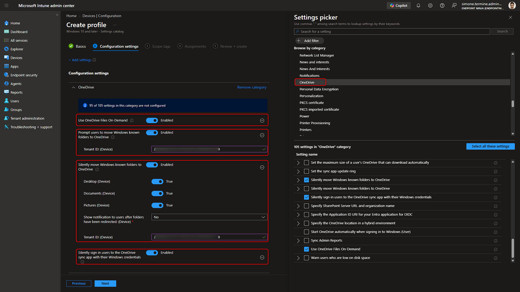 Creazione di un profilo Windows Settings Catalog in Microsoft Intune per configurare OneDrive Known Folder Move.