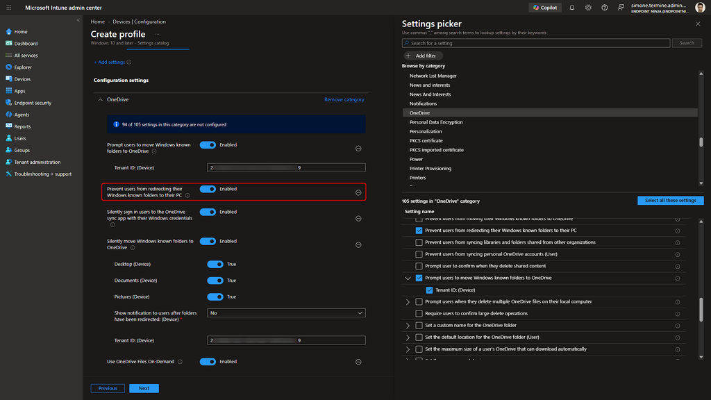 Impostazione OneDrive di Intune per impedire agli utenti di reindirizzare le cartelle note al PC.