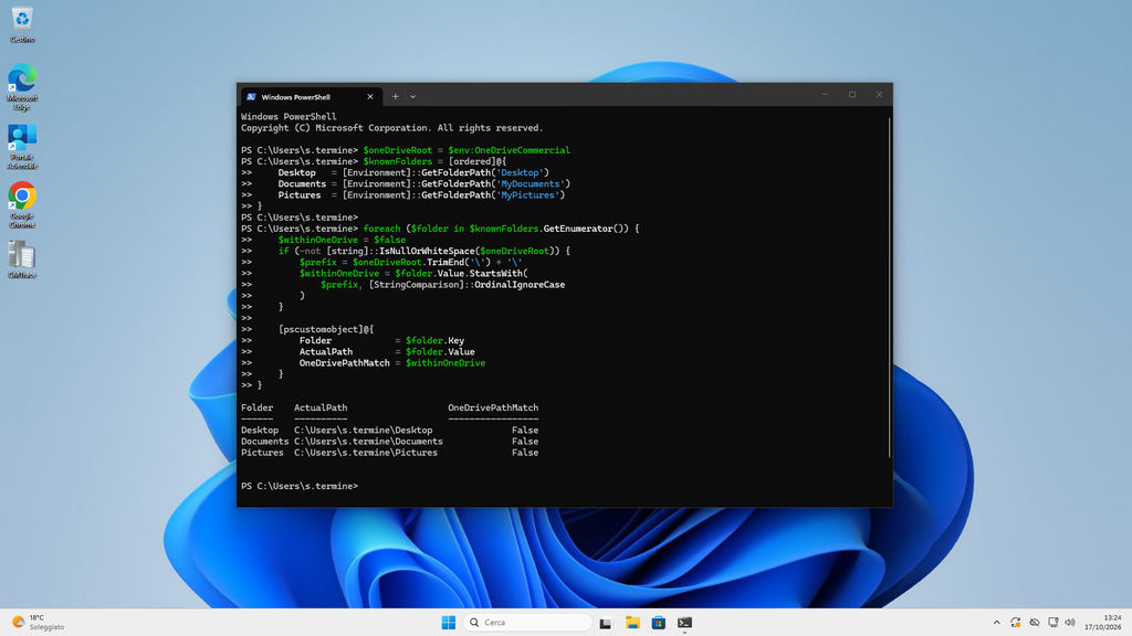 Verifica tramite PowerShell dei percorsi Desktop, Documents e Pictures rispetto alla directory OneDrive aziendale.