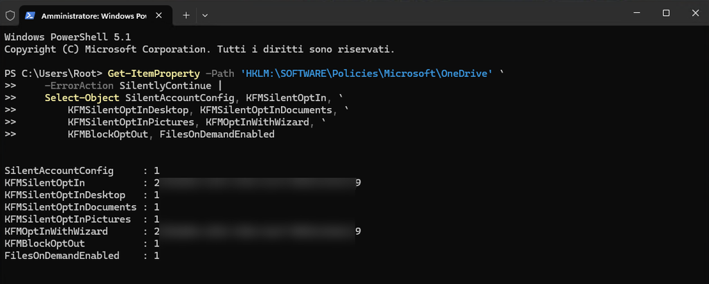 Verifica delle impostazioni OneDrive KFM nel registro di Windows tramite un comando PowerShell.